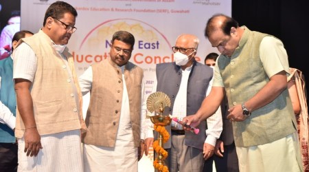 Union Education Minister Dharmendra Pradhan with Assam Chief Minister Himanta Biswa Sarma at the inaugural session of the two-day North-East Education Conclave in Guwahati. (Photo: Twitter/@himantabiswa)
