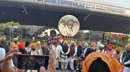 The 21-member delegation of the BJP at the Integrated Check Post at Dera Baba Nanak on Thursday. (Express Photo)