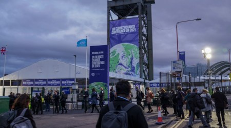 The main entrance at United Nations’ COP26 summit in Glasgow, Scotland on Nov. 1, 2021. (Kieran Dodds/The New York Times)