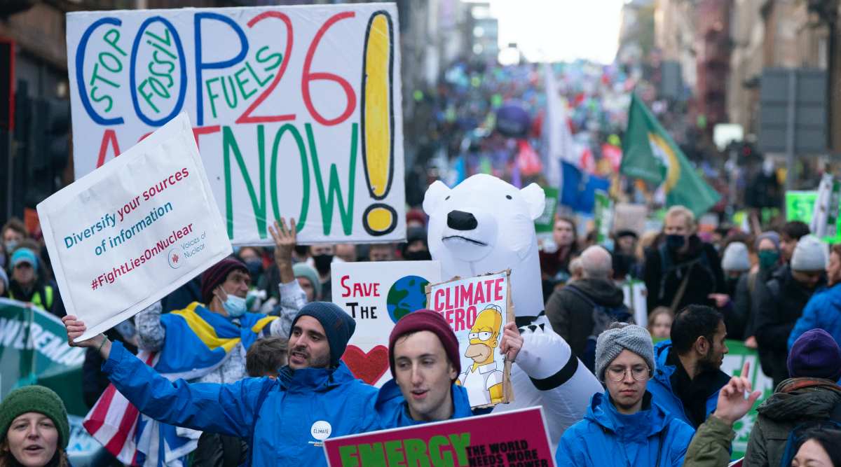 Protesters take part in a rally organised by the Cop26 Coalition in Glasgow demanding global climate justice. Picture date: Saturday November 6, 2021. PA Photo. See PA story ENVIRONMENT Cop26.
(Photo credit: Jane Barlow/PA Wire)