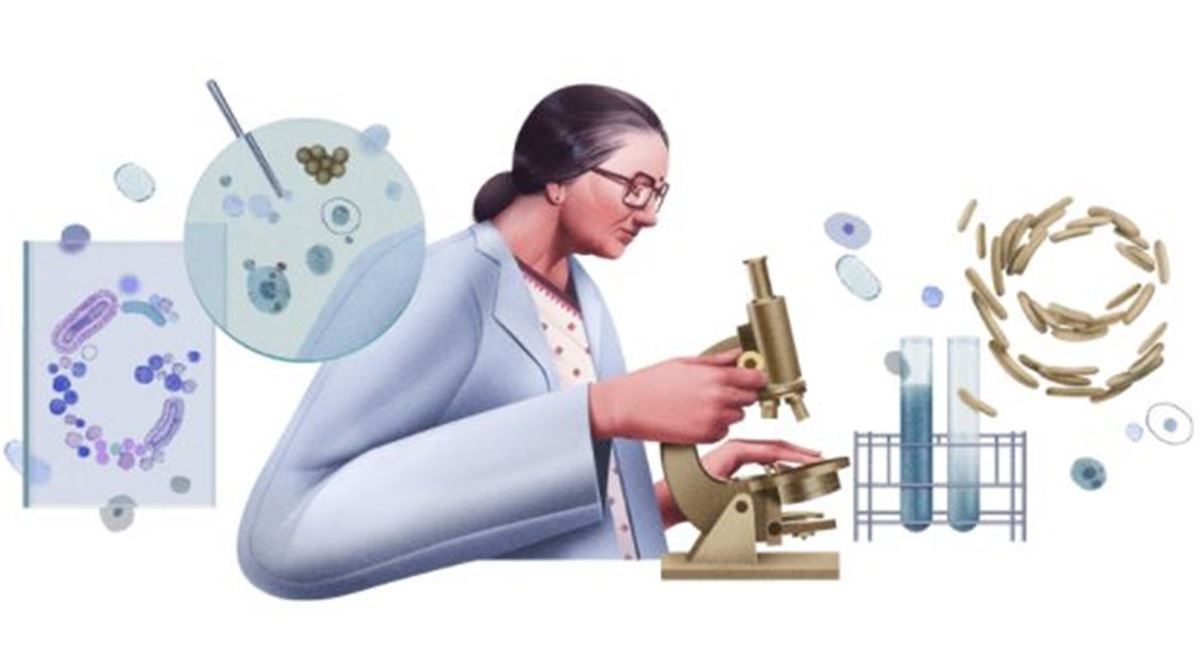 The doodle, illustrated by India-based artist Ibrahim Rayintakath, shows Dr. Ranadive looking at a microscope.