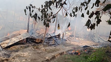 The fire gutted 18 huts at Hamsapara relief camp in North Tripura’s Panisagar sub-division. (Express Photo) 