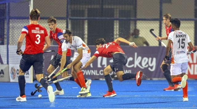 Players vie for ball during FIH Men's Junior Hockey World Cup 2021 match between India and France at Kalinga Stadium, in Bhubaneswar (PTI)