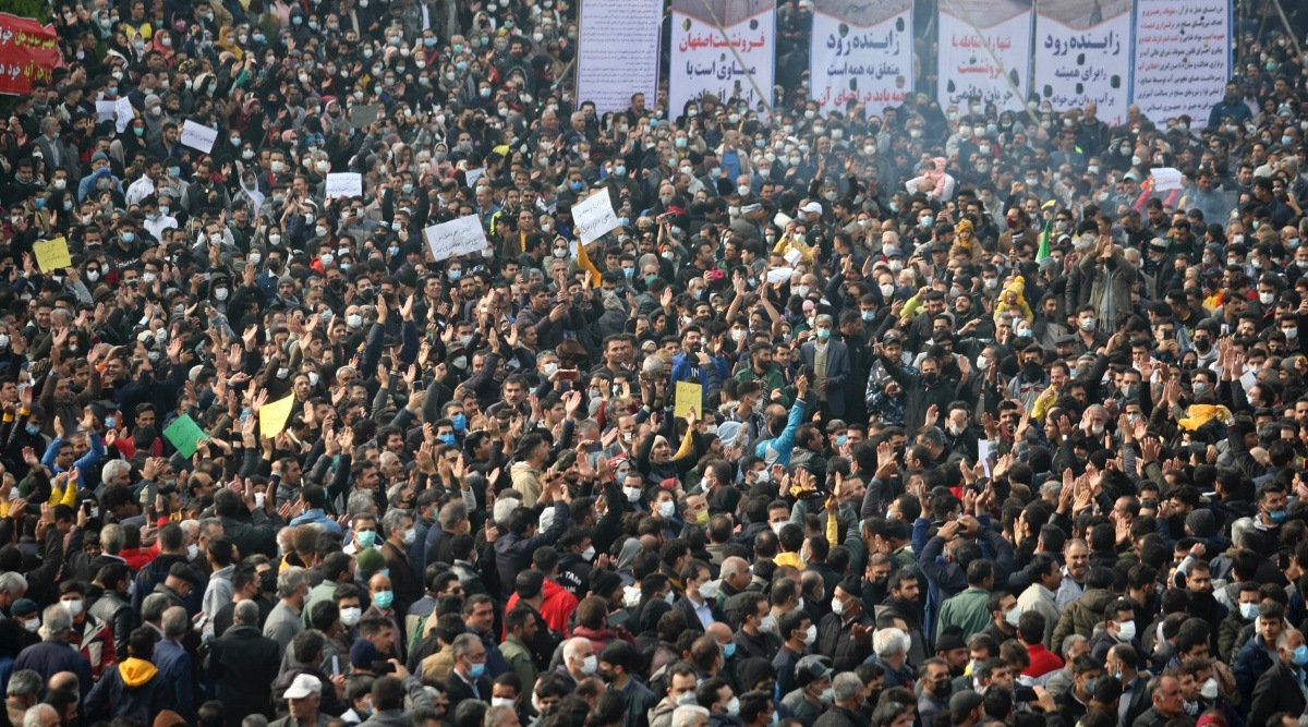 A protest demanding authorities to open a dam to relieve drought-stricken areas of central province of Isfahan, Friday, Nov. 19, 2021. (AP/PTI Photo)