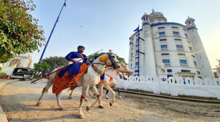  Nihangs arrive in Amritsar ahead of Bandi Chhor Diwas and Diwali celebrations, on Wednesday. Rana Simranjit Singh. (Express Photo: Rana Simranjit Singh)