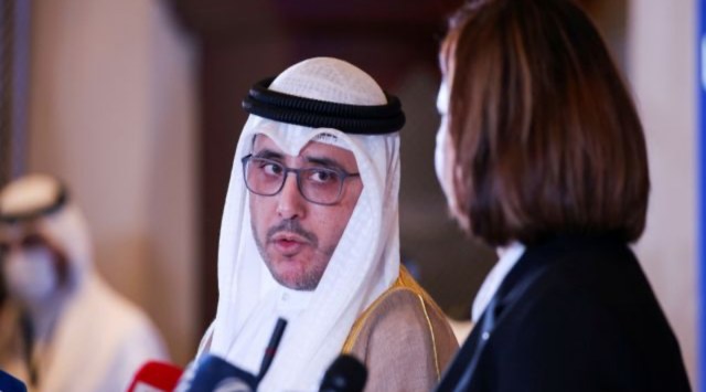 Kuwaiti Foreign Minister Sheikh Ahmad Nasser al-Mohammad al-Sabah and Libyan Foreign Minister Najla el-Mangoush attend a joint press conference at the conclusion of the Libya Stabilization Conference, in Tripoli, Libya, October 21, 2021. (Reuters)