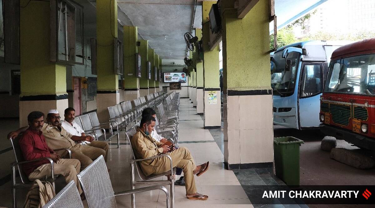 Maharashtra State Road Transport Corporation employees during a strike at Parel ST depot in Mumbai on Wednesday. (Express Photo by Amit Chakravarty)