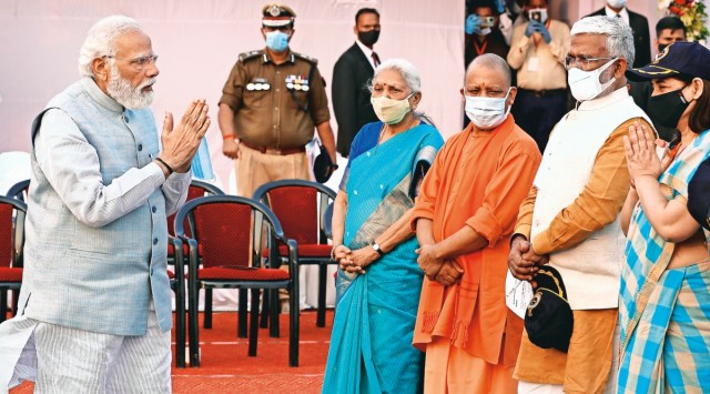 Prime Minister Narendra Modi with Governor Anandiben Patel, CM Yogi Adityanath and Sultanpur MP Maneka Gandhi at the inauguration of Purvanchal Expressway. (AP)