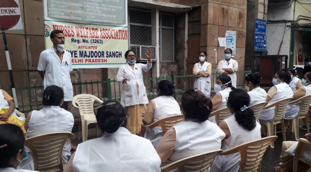 Nurses during strike at Delhi’s Hindurao Hospital