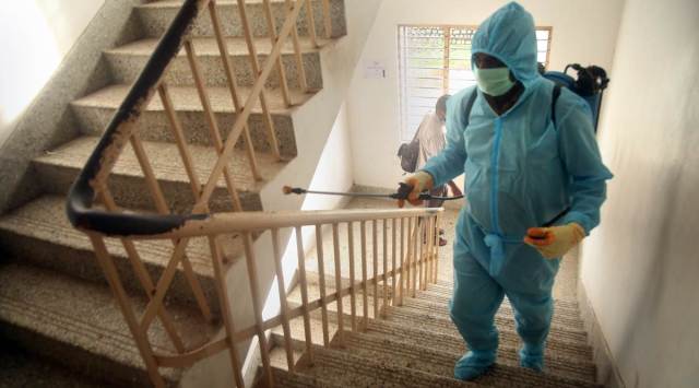 Sanitisation at the Kanyakumari SP office on Sunday. (PTI)
