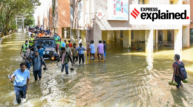 Karnataka Chief Minister Basavaraja Bommai visits flood-hit Yelhanka Central Residential Complex, in Bengaluru, Tuesday, Nov. 23, 2021. (PTI Photo)