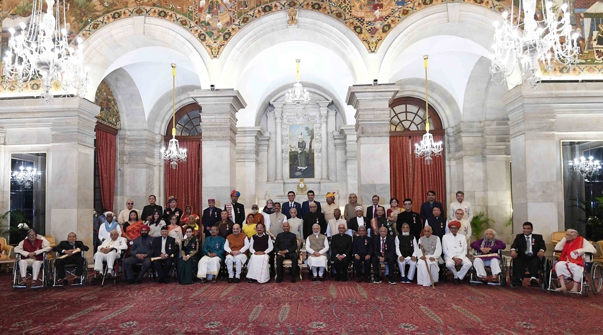 President Ram Nath Kovind, Vice President M. Venkaiah Naidu and Prime Minister Narendra Modi with the Padma Awardees at Rashtrapati Bhavan on Monday. (Twitter/rashtrapatibhvn)