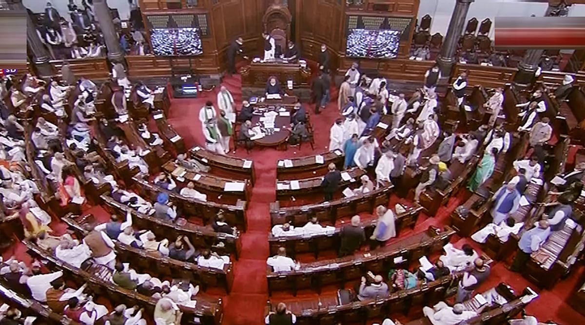New Delhi: Opposition leaders stage a protest in Rajya Sabha during the Winter Session of Parliament, in New Delhi, Monday, Nov. 29, 2021. (RSTV/PTI)