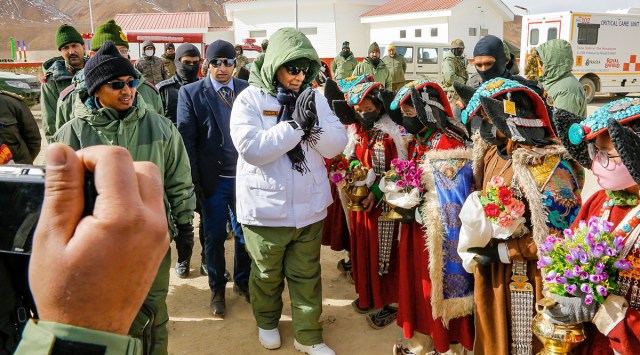 Union Defence Minister Rajnath Singh at the Rezang La Memorial in Chushul, Ladakh, on Thursday. (Photo: PTI)