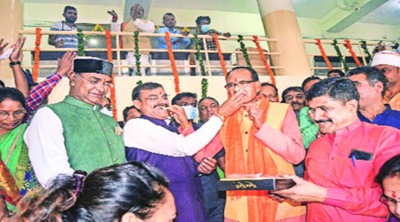 MP Chief Minister Shivraj Singh Chouhan with state BJP chief V D Sharma. (PTI)