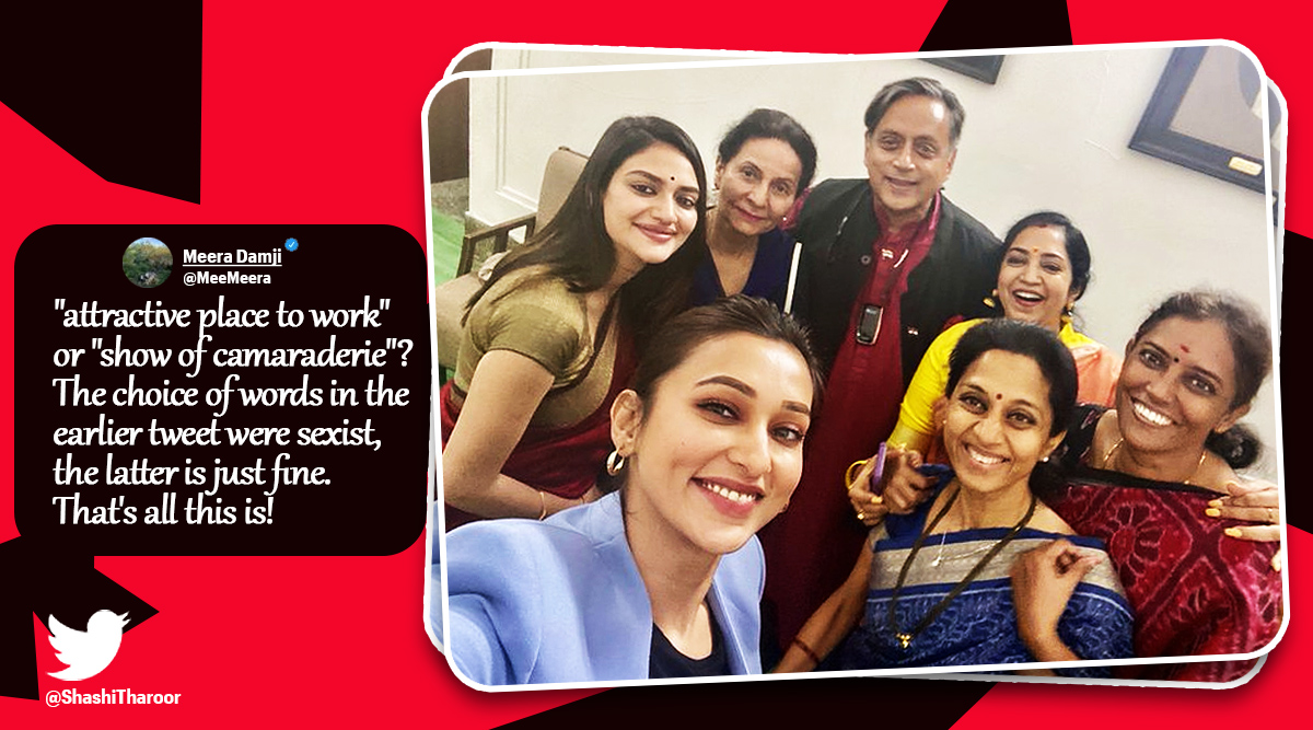 Shashi Tharoor selfie with six MPs, attractive place, Shashi Tharoor, Lok Sabha, social media viral, indian express