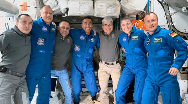 The Expedition 66 crew poses for a photo after SpaceX Crew-3’s arrival to International Space Station on Thursday. (Photo: AP)