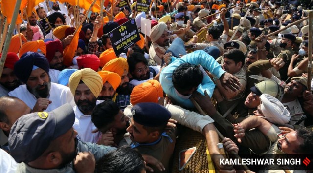 Mild lathi charged over SAD workers before being detained from outside
Punjab Chief Minister’s residence in Chandigarh during SAD protest
against highest ever State VAT imposed on Petrol and diesel by
Congress Government. (Express Photo by Kamleshwar Singh)