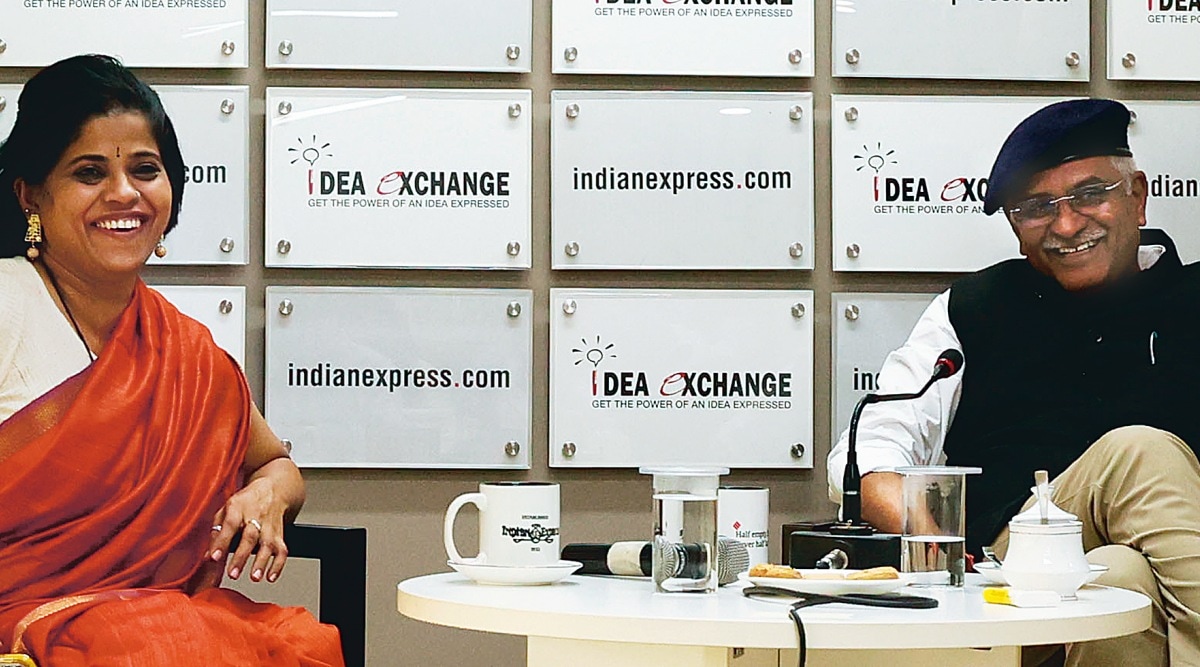 Union Jal Shakti Minister Gajendra Shekhawat with Liz Mathew at The Indian Express office. (Express Photo by Prem Nath Pandey)