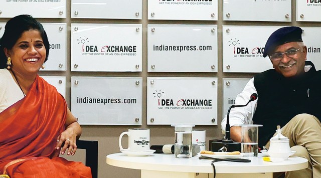 Union Jal Shakti Minister Gajendra Shekhawat with Liz Mathew at The Indian Express office. (Express Photo by Prem Nath Pandey)