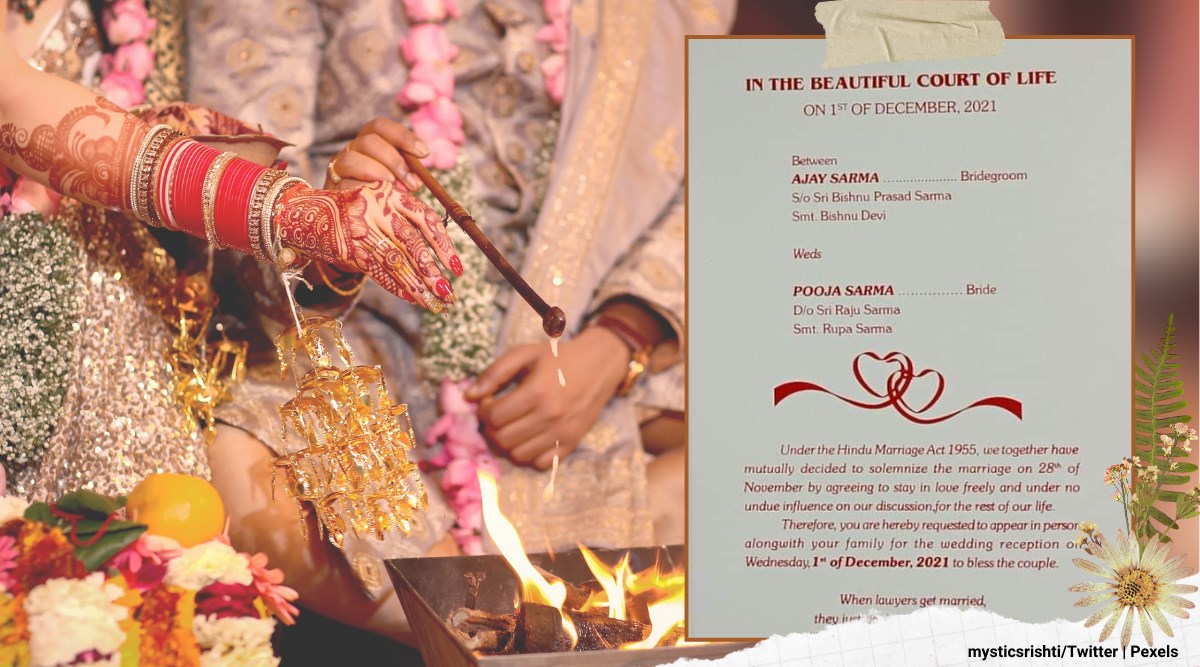 advocate wedding invitation, assam lawyer wedding invite, legal wedding invitation, constitution invitation wedding, unique wedding cards, viral news, indian express