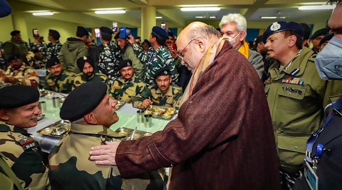 Home Minister Amit Shah at a CRPF camp in Pulwama, Kashmir, last month. (PTI)
