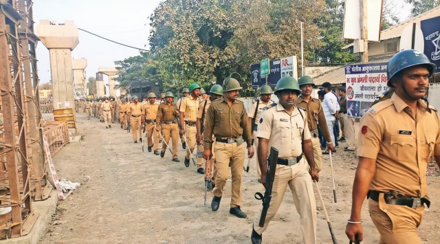 Security forces in Amravati on Saturday. (Express photo)