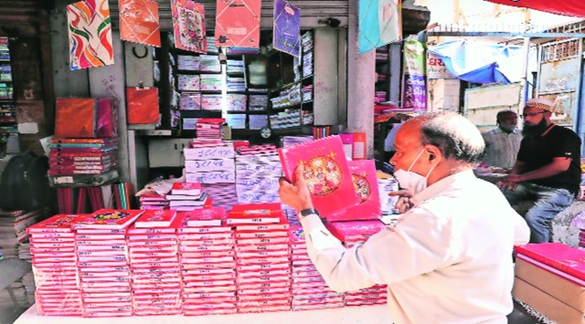 Stationery manufacturers in the Old city area of Ahmedabad arrange account books ahead of Chopda Pujan. photo: Nirmal Harindran 