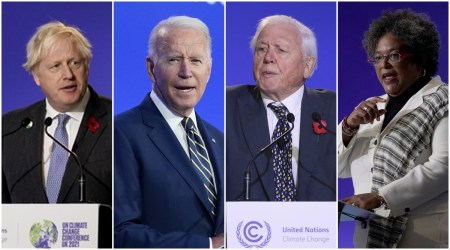 From left to right: British Prime Minister Boris Johnson, US President Joe Biden, Sir David Attenborough and Prime Minister of Barbados Mia Amor Mottley. (AP)