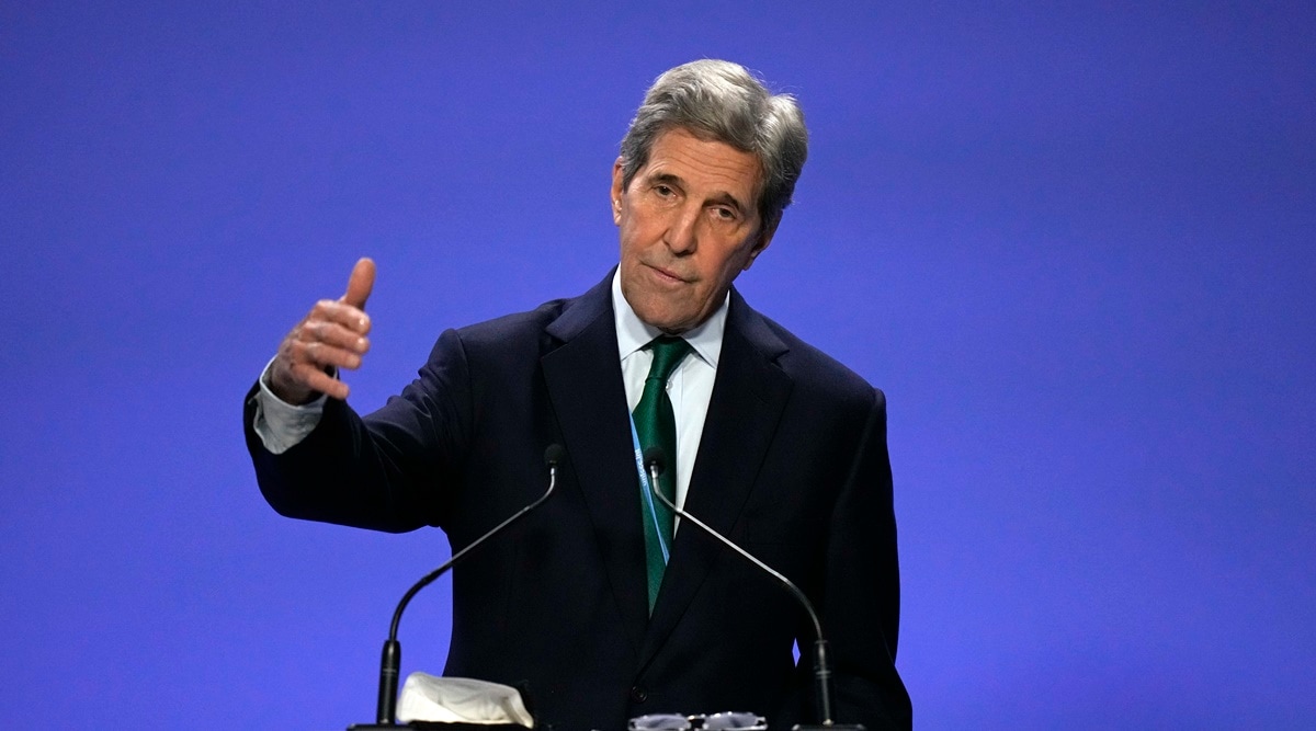 John Kerry, United States Special Presidential Envoy for Climate gestures as he speaks during a press conference at the COP26 U.N. Climate Summit in Glasgow, Scotland. (AP)