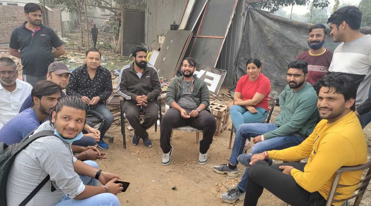 Right wing groups keeping vigil at namaz site in Sector 12, Gurgaon, where Govardhan Puja was held last week. (Express Photo)