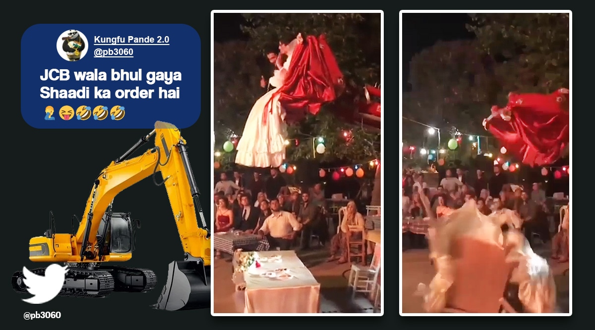 The newlyweds tumbled onto a table below as the bucket turned down during the party.