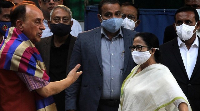 Mamata Banerjee held a meeting with BJP leader Subramanian Swamy in Delhi. (Express photo by  Amit Mehra)