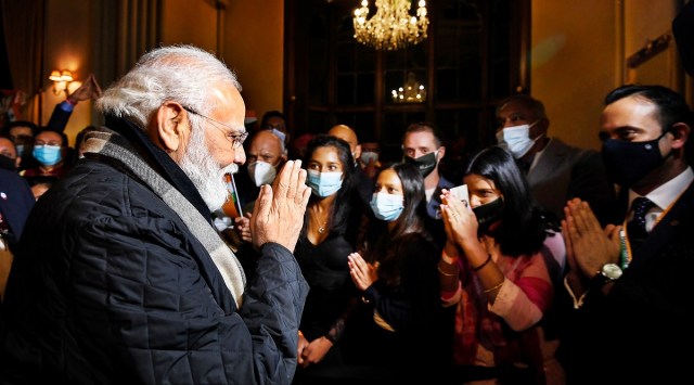 Prime Minister Narendra Modi being welcomed by Indian community in Glasgow, Scotland. (PTI)