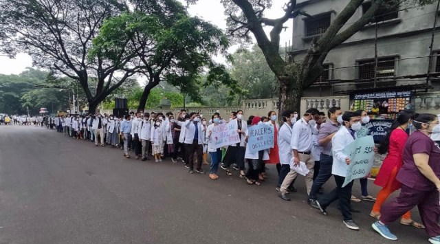 After a protest carried out within the hospital premises Thursday, the doctors marched from MMCRI to the deputy commissioner's office Friday "hoping that (their) grievance will be addressed by the government." (Express Photo)