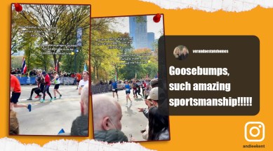 nyc marathon, new york city marathon 2021, strangers help runner finish marathon, fellow runners help runner nyc, indian express, viral videos