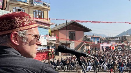 Former Jammu and Kashmir Chief Minister and National Conference Vice President Omar Abdullah addresses a public meeting in Doda. (PTI Photo)
