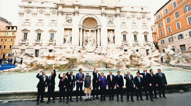 Modi, other G20 leaders toss a coin into the Trevi fountain on the sidelines of G20 summit in Rome on Sunday. (Photo: Reuters)