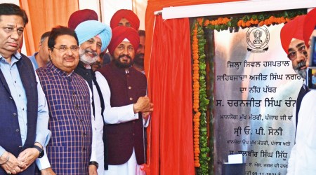 Charanjit Singh Channi laying foundation stone of Sahibzada Ajit Singh Civil Hospital on Tuesday. (Photo: Jasbir Malhi)