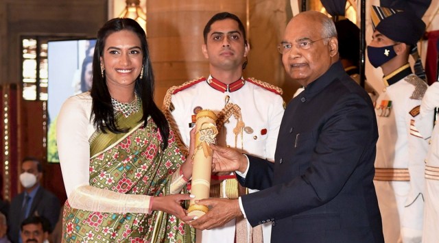 President Ram Nath Kovind presents Padma Bhushan to shuttler PV Sindhu during a ceremony at the Rashtrapati Bhawan. (PTI)
