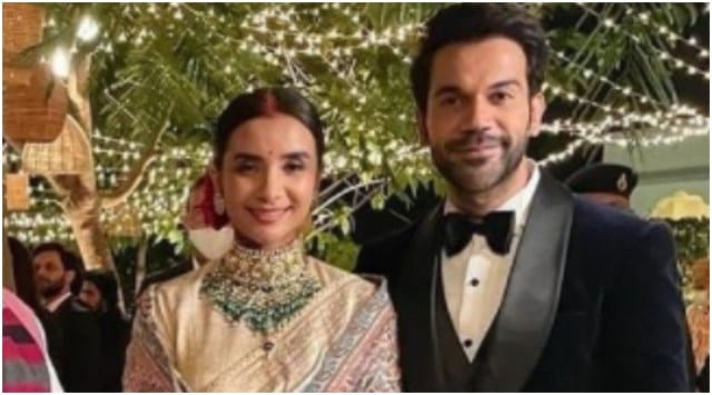 Rajkummar Rao and Patralekhaa pose with Haryana CM Manohar Lal Khattar in a picture from their wedding reception. (Photo: Manohar Lal/Instagram)