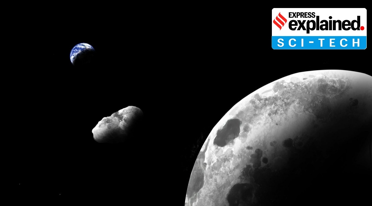 An artist's impression of Kamo’oalewa near the Earth-Moon system. (Addy Graham/University of Arizona)