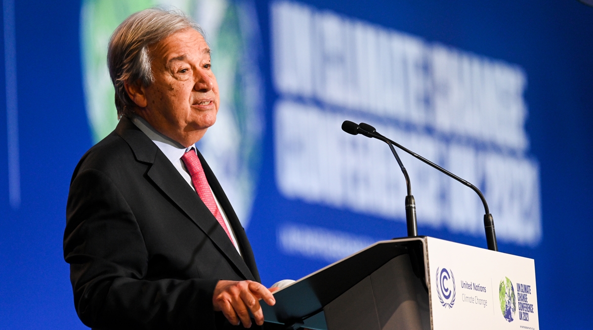 Antonio Guterres, Secretary-General of the United Nations, speaks at the Opening Ceremony for Cop26 at the SEC Glasgow. Photograph: Karwai Tang/ UK Government
