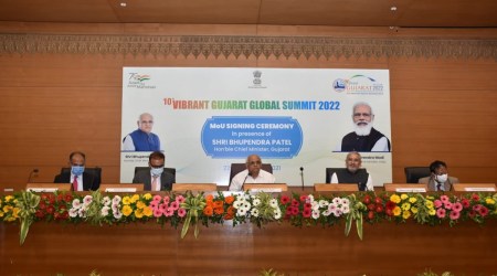 CM Bhupendra Patel at Vibrant Gujarat summit on Monday. (Twitter/Bhupendra Patel)
