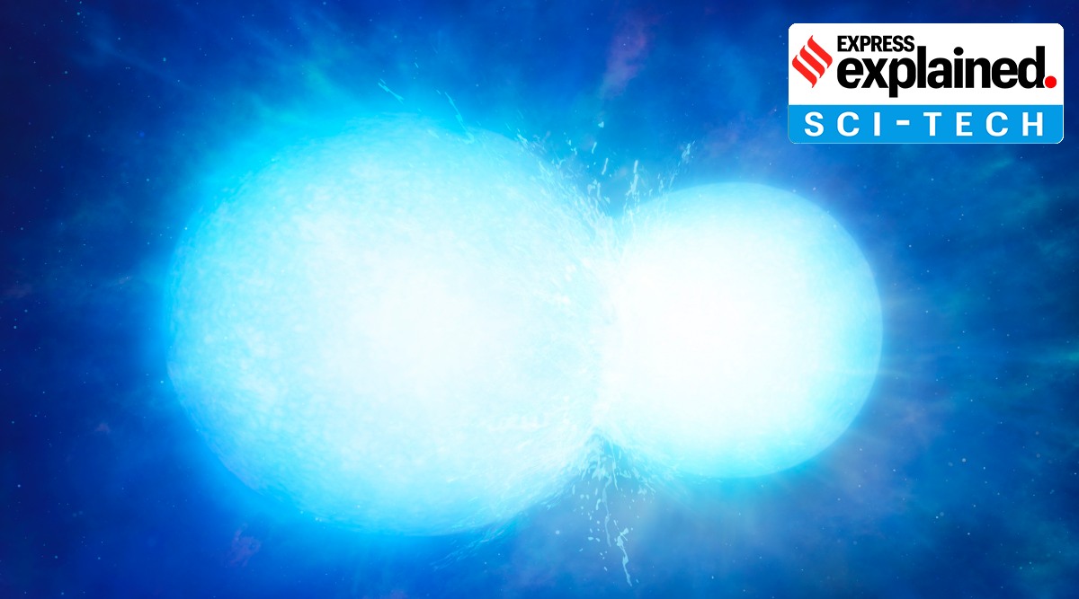 Artist’s impression of two white dwarfs in the process of merging. (University of Warwick/Mark Garlick)