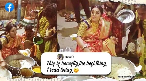 Bengali woman distributing food, wedding reception, woman distributing food, viral on social media, Indian express