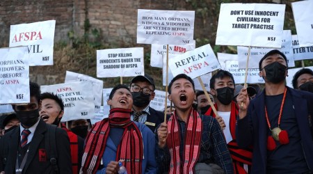 Nagas shout slogans during a rally protesting the killings of fourteen civilians by Indian army soldiers last year in Kohima (AP)