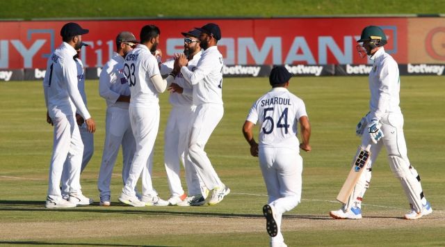 India's Jasprit Bumrah celebrates taking the wicket of South Africa's Rassie van der Dussen with teammates. (Reuters)