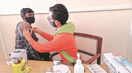 Covid-19 vaccination in progress at  the government dispensary in Sector12A , Panchkula. (Express)
