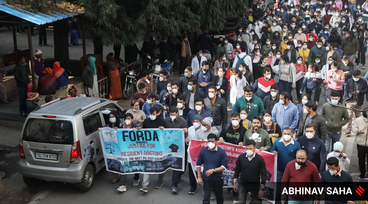 Resident doctors from a few Centre-run hospitals during a protest march in New Delhi. (Express Photo: Abhinav Saha)